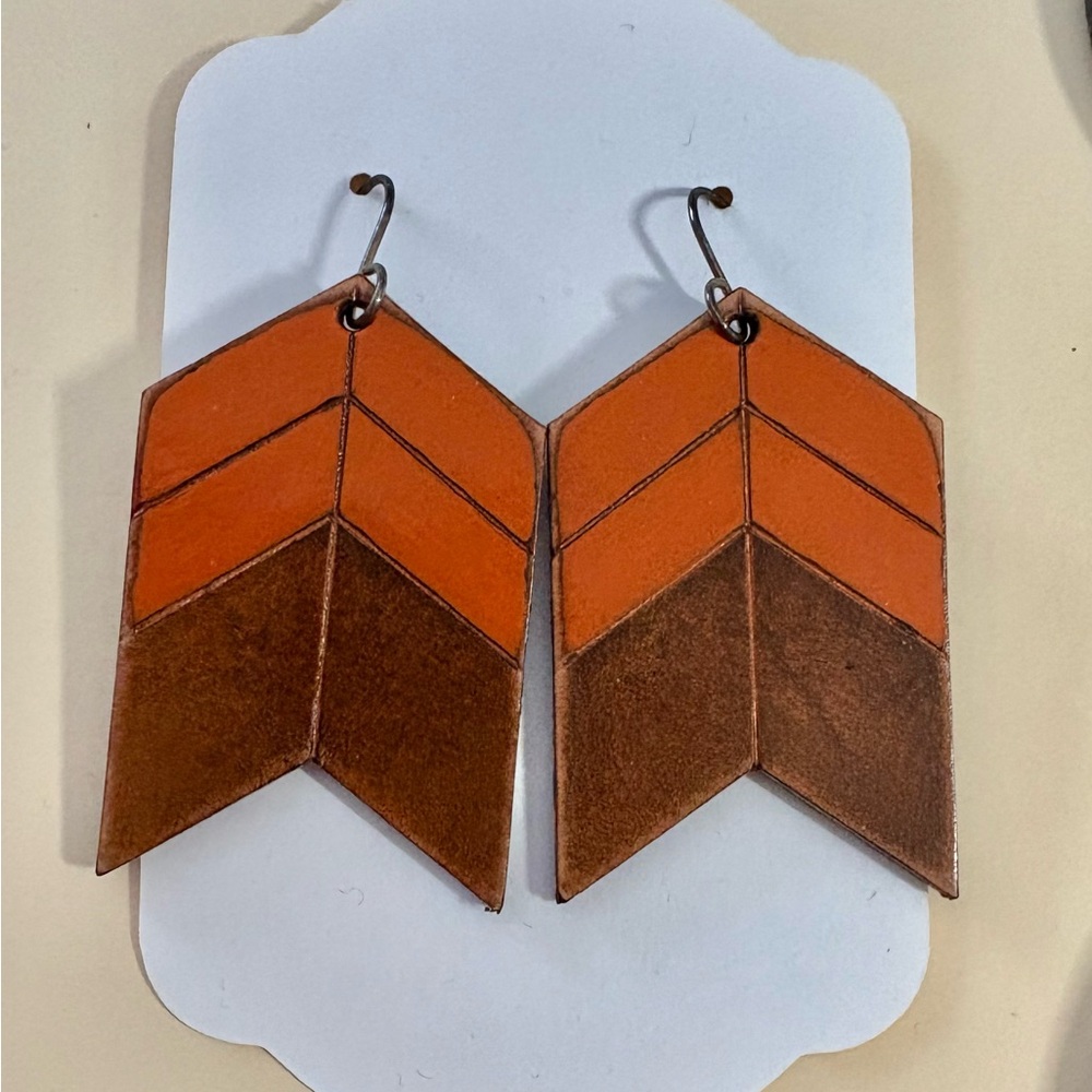 brown and orange chevron Leather Earrings